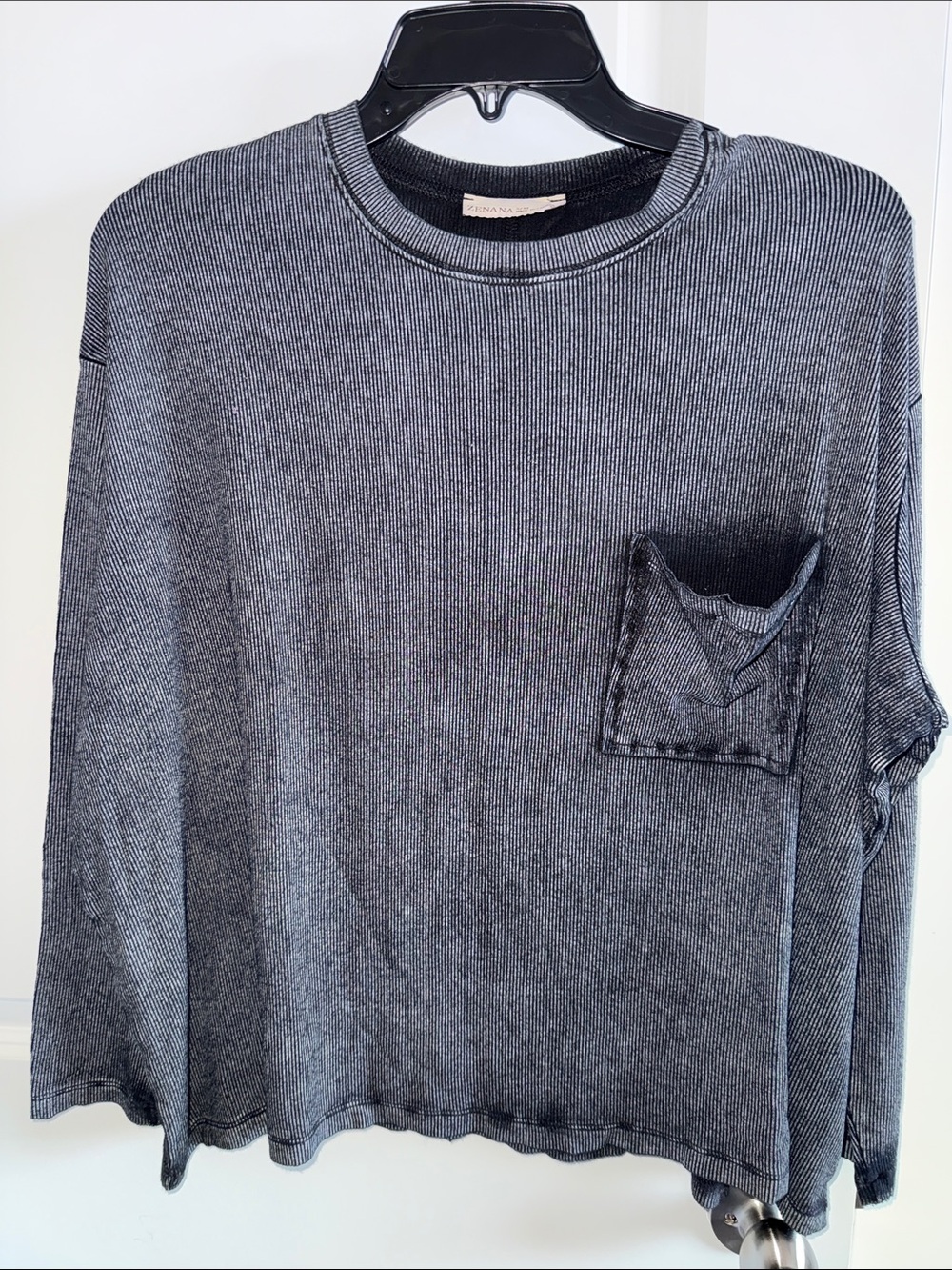 Zenana Outfitters Washed Black Long Sleeve Crewneck with Pocket